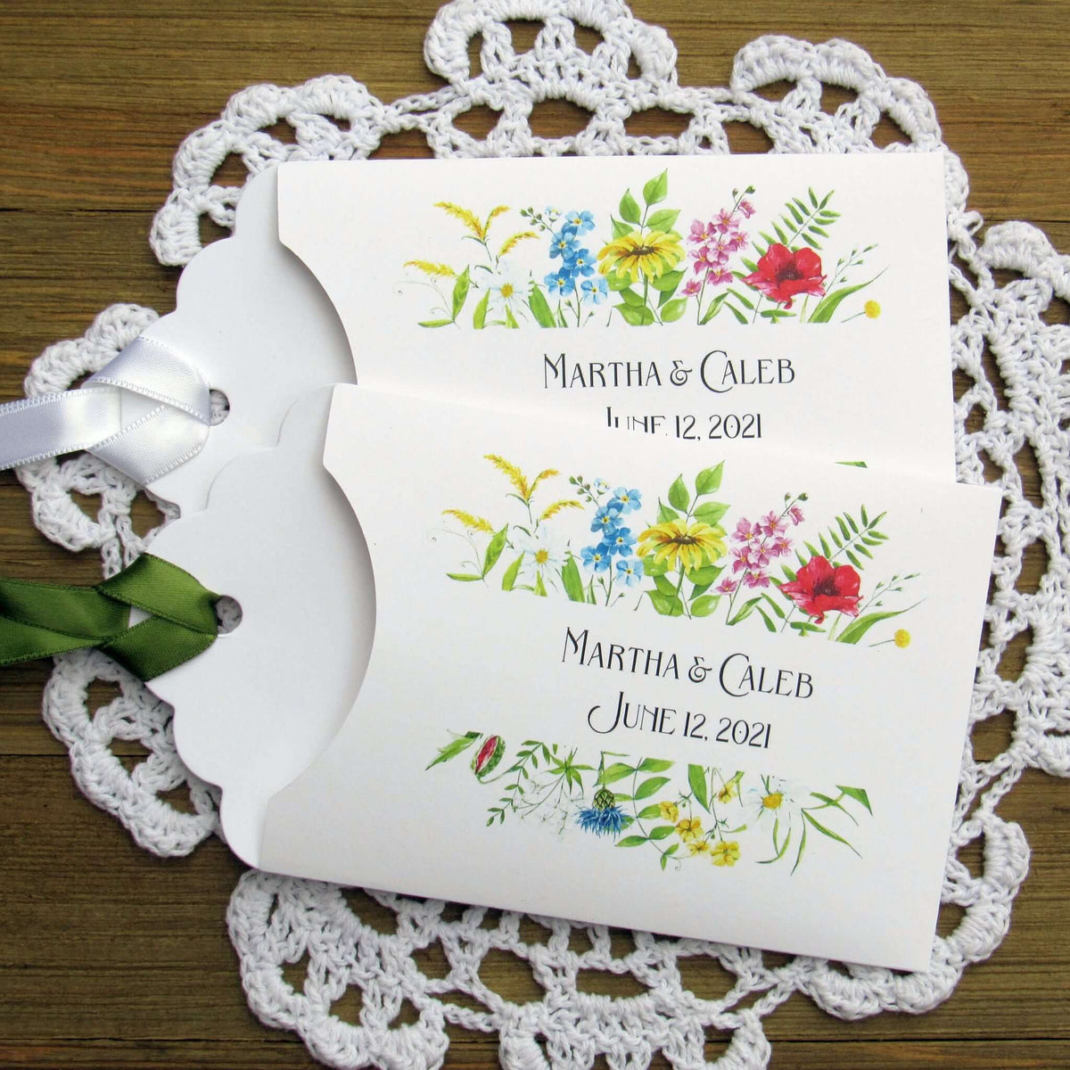 Personalized Floral Wedding Guest Favors Printed on white cardstock these small envelopes are the perfect size for a scratch off lotto.  Your choice of ribbon color.