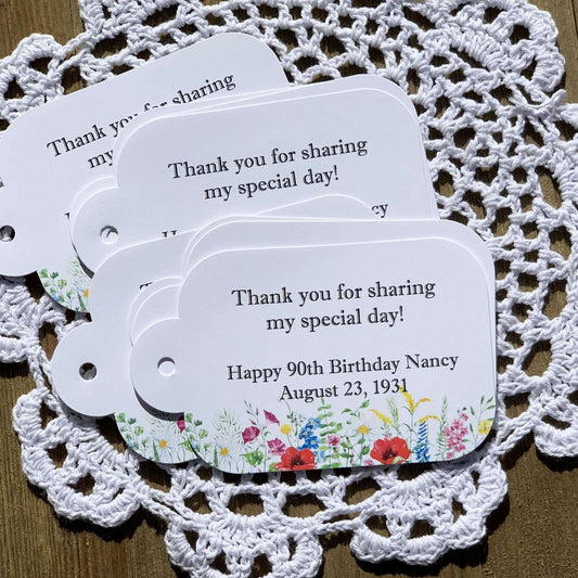Personalized Floral Birthday Favor Tags, with hole punched so you can attach to what ever you choose.  Thanks for sharing my special day! Happy XX birthday xxxx with the birth date.