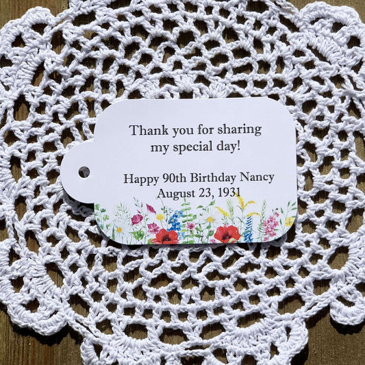 Personalized Floral Birthday Favor Tags, with hole punched so you can attach to what ever you choose.  Thanks for sharing my special day! Happy XX birthday xxxx with the birth date.