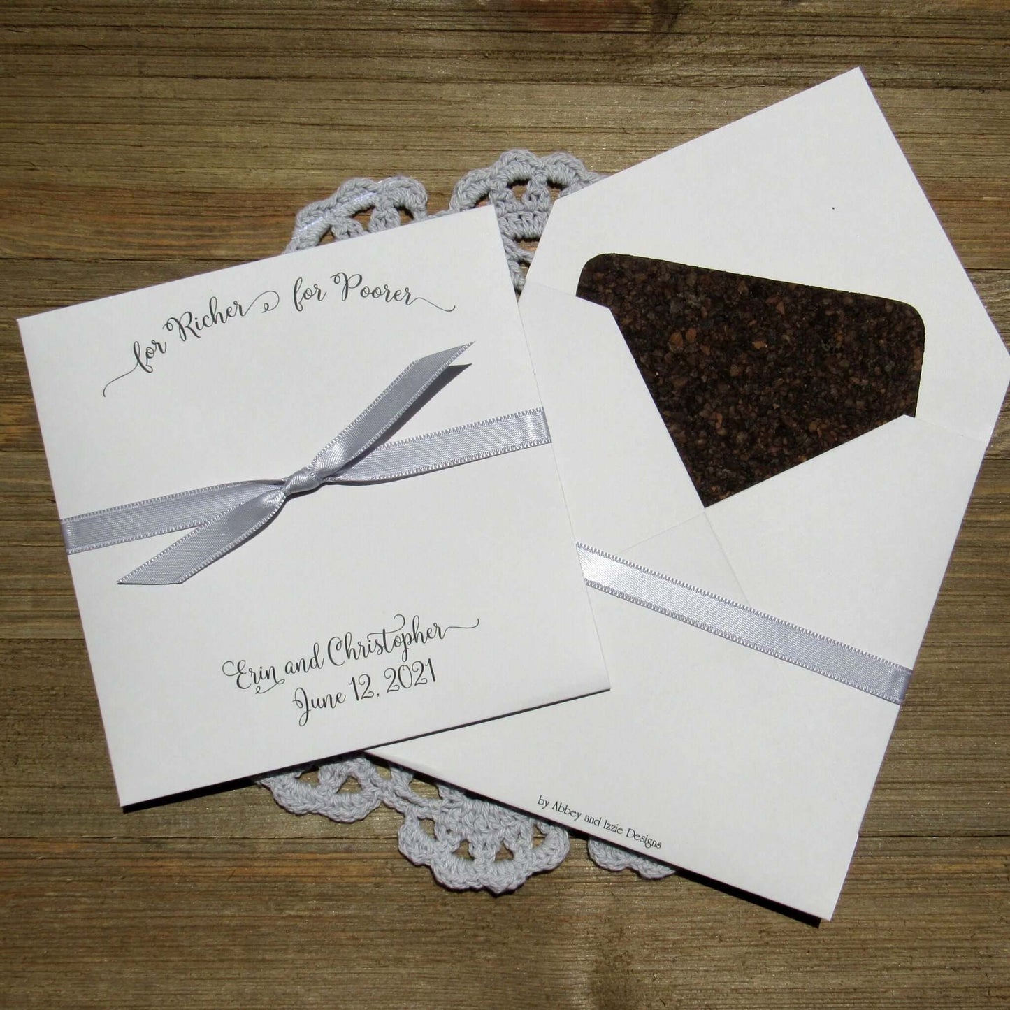 For Richer For Poorer Wedding Guest Favors, easy and fun.  Slide a lotto ticket in these, your choice of envelope and ribbon color.  