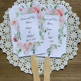 Pink Floral Wedding Fans, forever and ever Amen personalized wedding fans.  Adorned with pink flower fans are personalized for the bride and groom and come fully assembled. 