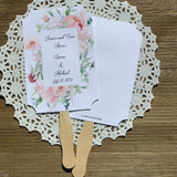 Pink Floral Wedding Fans, forever and ever Amen personalized wedding fans.  Adorned with pink flower fans are personalized for the bride and groom and come fully assembled. 
