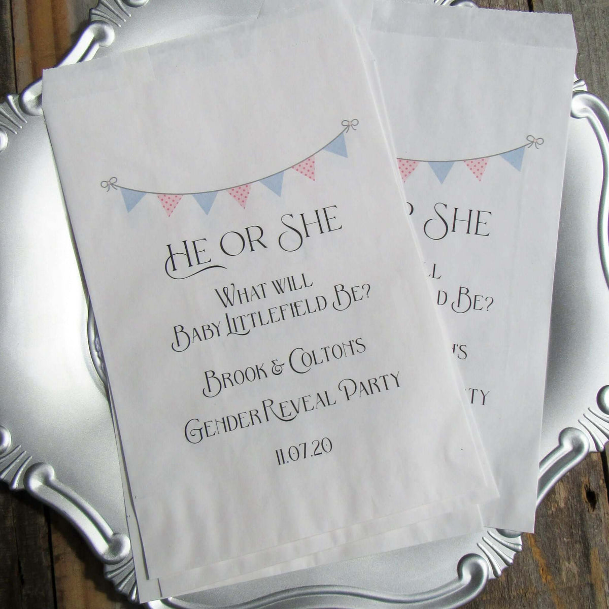 Gender Reveal Party Bags, he or she what will it be?  Printed on white bags in blue and pink these can be filled to the brim with cookies, candy, popcorn any treat you desire. 