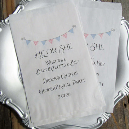 Gender Reveal Party Bags, he or she what will it be?  Printed on white bags in blue and pink these can be filled to the brim with cookies, candy, popcorn any treat you desire. 