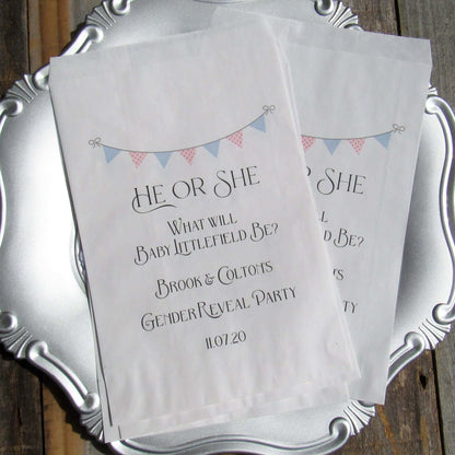 Gender Reveal Party Bags, he or she what will it be?  Printed on white bags in blue and pink these can be filled to the brim with cookies, candy, popcorn any treat you desire.  