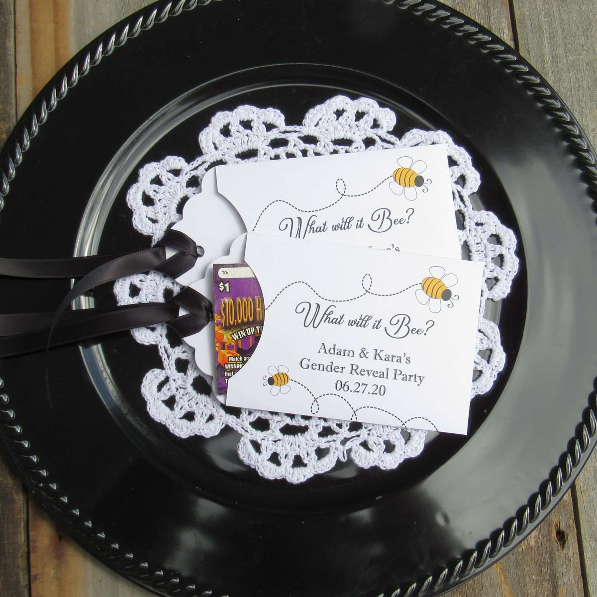 Gender Reveal Party favors What will It Bee, Lottery ticket favor envelopes, adorned with bees and personalized for the parents to be.  