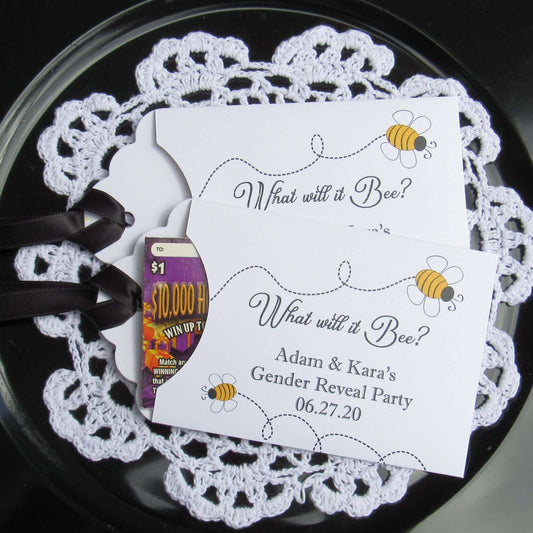 Gender Reveal Party favors What will It Bee, Lottery ticket favor envelopes, adorned with bees and personalized for the parents to be.  
