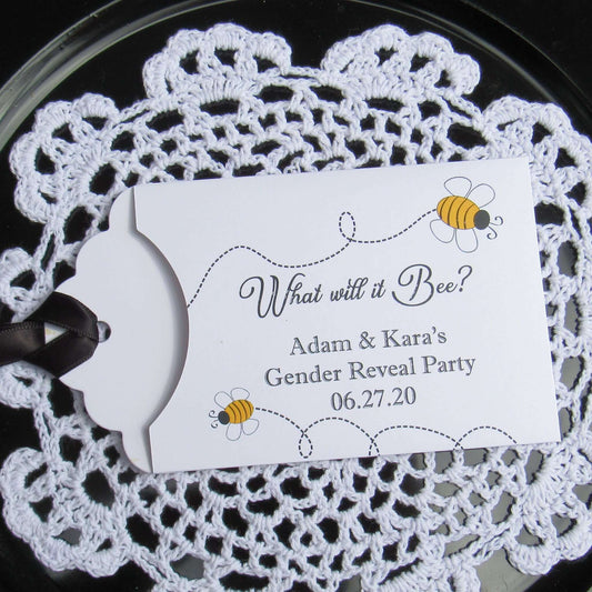 Gender Reveal Party favors What will It Bee, Lottery ticket favor envelopes, adorned with bees and personalized for the parents to be.  