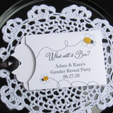 What will it bee gender reveal party favors.  Lottery ticket favor envelopes, adorned with bees and personalized for the parents to be.  