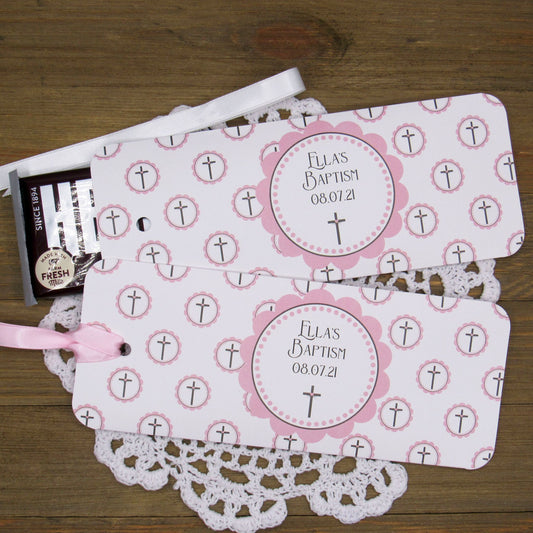 Personalized Baptism Favors for Baby Girls, slide a candy bar in these holders for a personalized guest favor.  Printed on white card stock, adorned with pink crosses, white or pink ribbon which is included.
