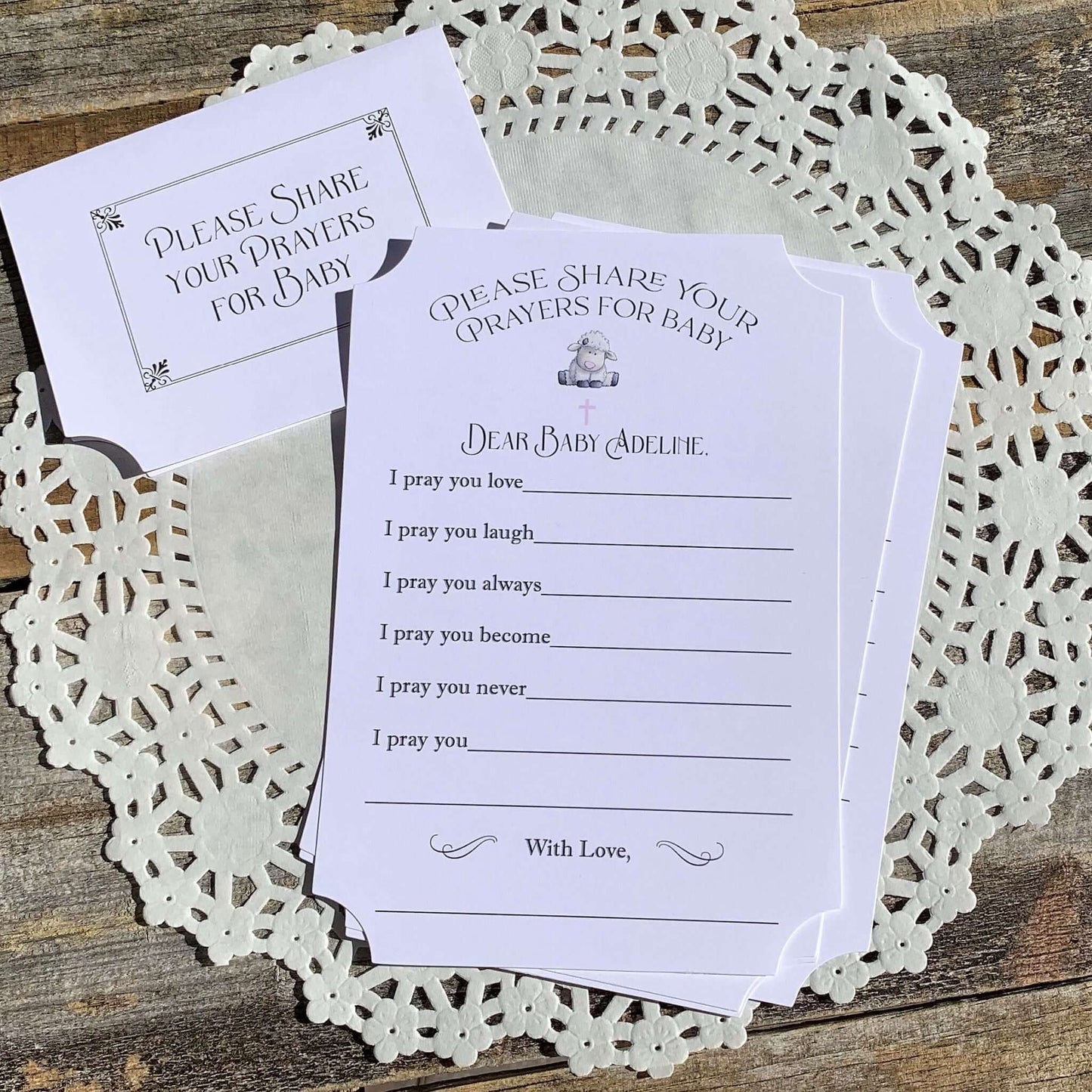Baby Girl Christening Prayer Cards for baptism celebration.  Have guests fill out a prayer card for baby, a cherished keepsake.