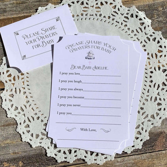 Baby Girl Christening Prayer Cards for baptism celebration.  Have guests fill out a prayer card for baby, a cherished keepsake.
