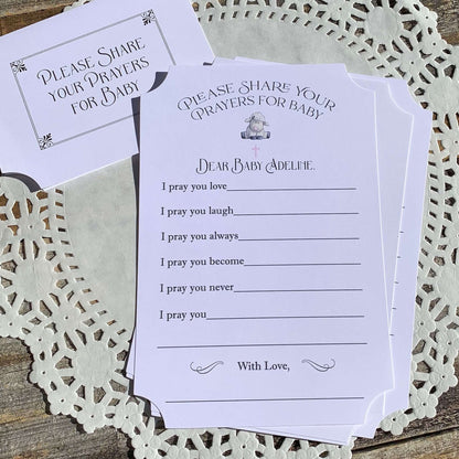 Baby Girl Christening Prayer Cards for baptism celebration.  Have guests fill out a prayer card for baby, a cherished keepsake.
