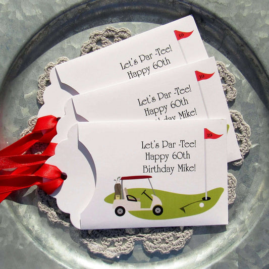 Golf Birthday Party Favors, personalized for the guest of honor, slide a lotto ticket in these envelopes for a fun favor.