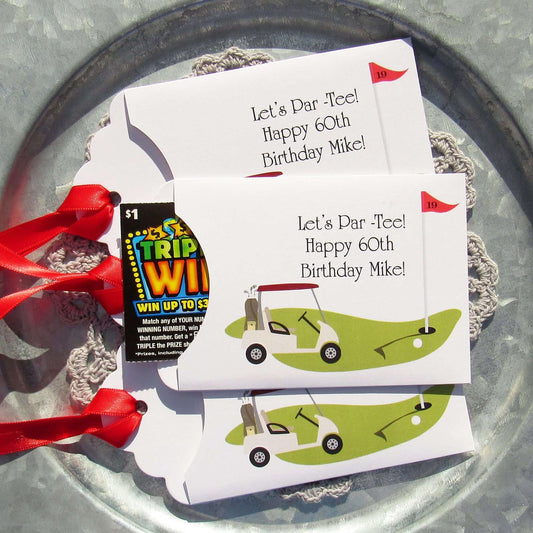 Golf Birthday Party Favors, personalized for the guest of honor, slide a lotto ticket in these envelopes for a fun favor.