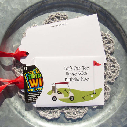 Golf Birthday Party Favors, personalized for the guest of honor, slide a lotto ticket in these envelopes for a fun favor.