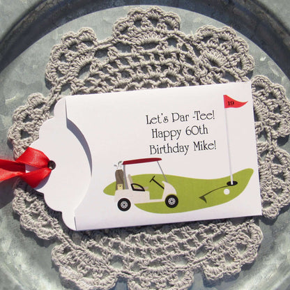 Golf Birthday Party Favors, personalized for the guest of honor, slide a lotto ticket in these envelopes for a fun favor.