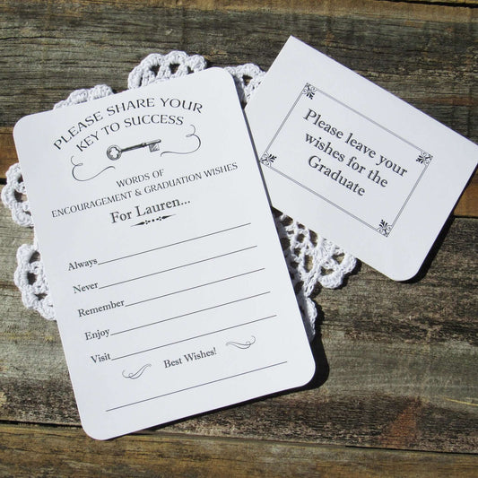 Personalized Graduation Wish Cards, larger cards plenty of room to write your wishes for the graduate.  Printed on white card stock with suggestions for wishes and encouragement.  