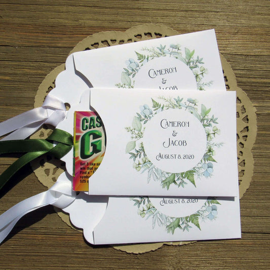Greenery Wedding Reception Favors, slide a lotto ticket in these sweet envelopes for a fun guest favor.  Personalized for the bride and groom, ribbon is included and comes attached.
