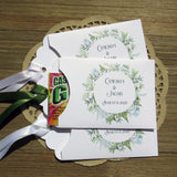 Greenery wedding reception favors, slide a lotto ticket in these sweet envelopes for a fun guest favor.  Personalized for the bride and groom, ribbon is included and comes attached.