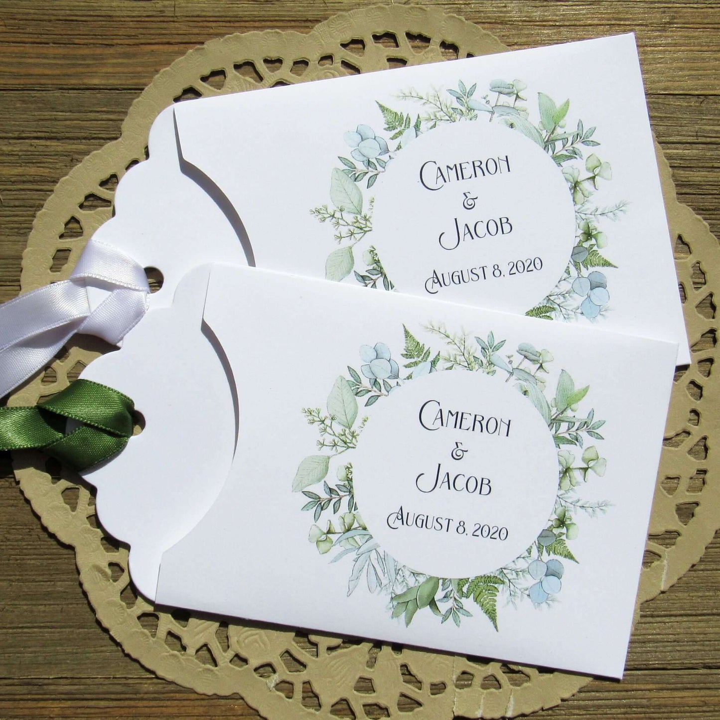 Greenery Wedding Reception Favors, slide a lotto ticket in these sweet envelopes for a fun guest favor.  Personalized for the bride and groom, ribbon is included and comes attached.