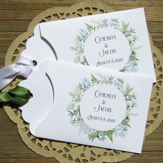 Greenery Wedding Reception Favors, slide a lotto ticket in these sweet envelopes for a fun guest favor.  Personalized for the bride and groom, ribbon is included and comes attached.