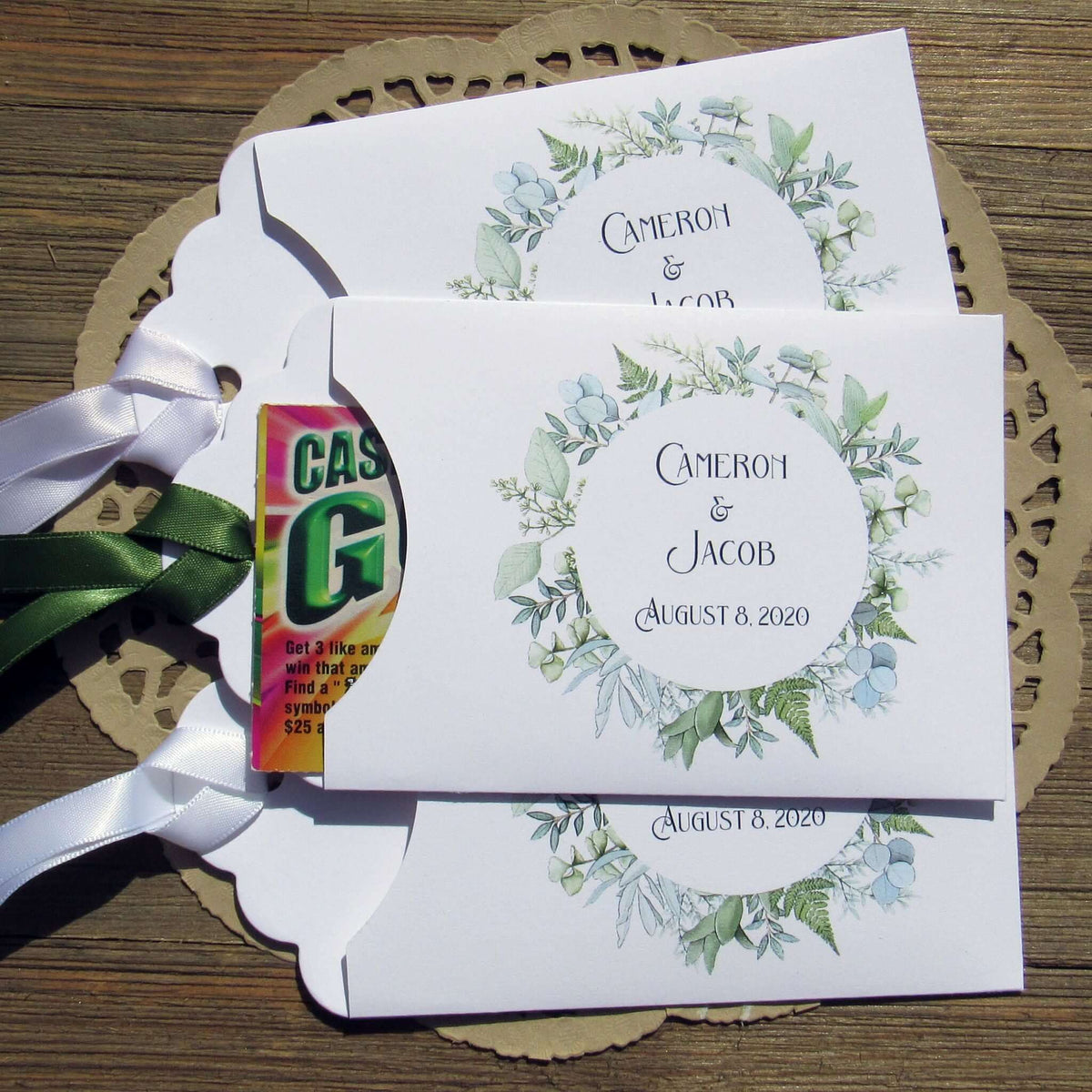 Greenery Wedding Reception Favors, slide a lotto ticket in these sweet envelopes for a fun guest favor.  Personalized for the bride and groom, ribbon is included and comes attached.