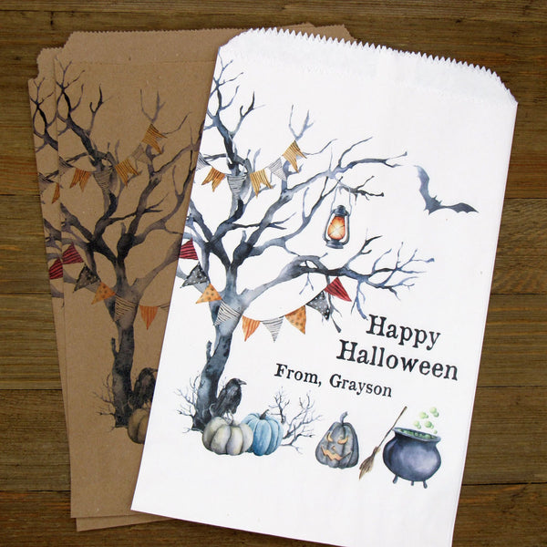 Spooky Halloween treat bags, perfect for trick or treat bags, candy bags or Halloween party favors.  Personalized for you and adorned with a spooky tree and Halloween fun graphics.  Larger than most treat bags, your choice of white or brown bags.