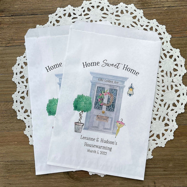 Housewarming favor bags, personalized with new address and name of homeowners.  Home sweet home printed above the door, fill with candy, cookies, treats or use for utensil bags.