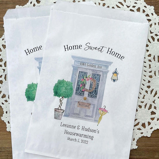 Housewarming Favor Bags personalized with new address and name of homeowners.  Home sweet home printed above the door, fill with candy, cookies, treats or use for utensil bags.