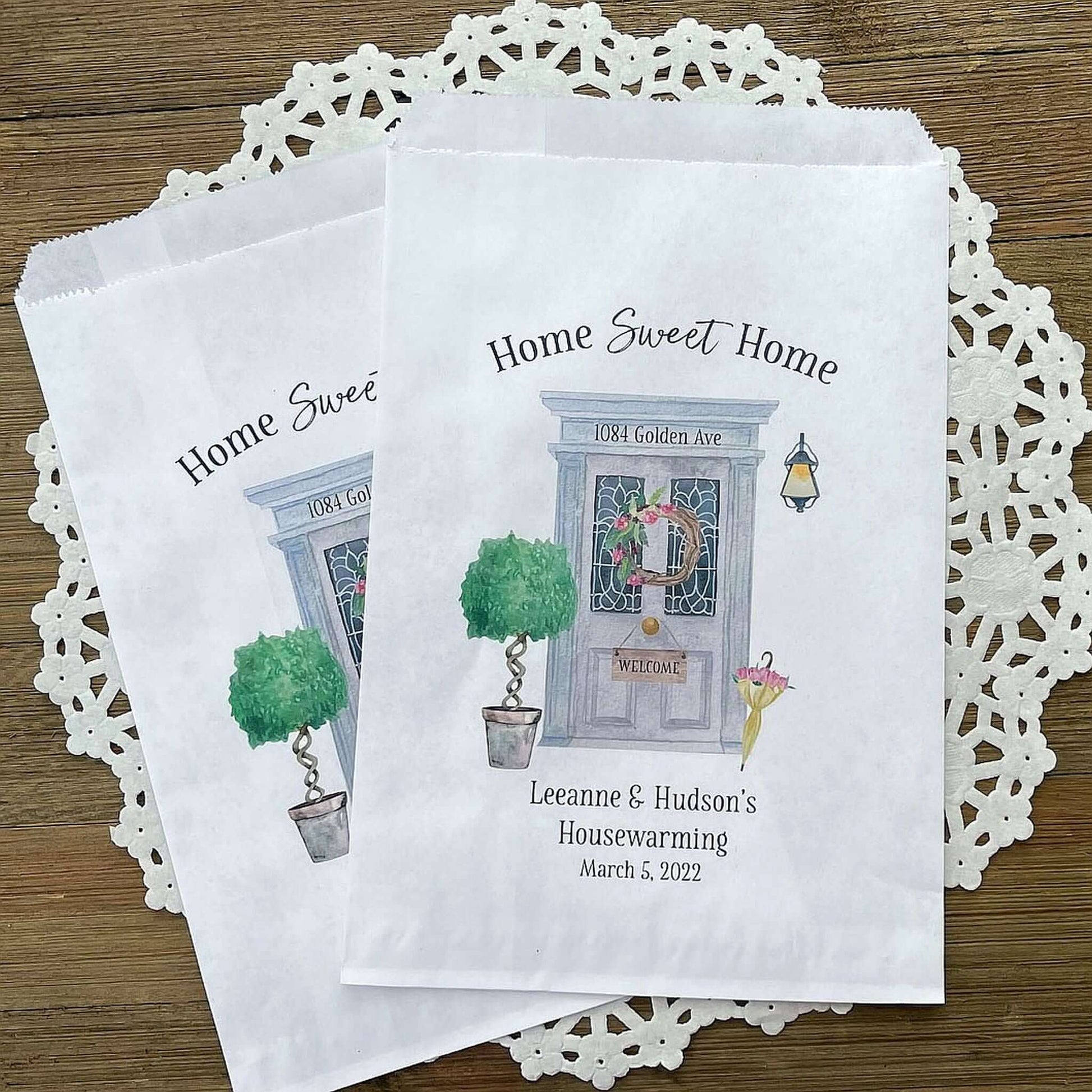 Housewarming Favor Bags personalized with new address and name of homeowners.  Home sweet home printed above the door, fill with candy, cookies, treats or use for utensil bags.