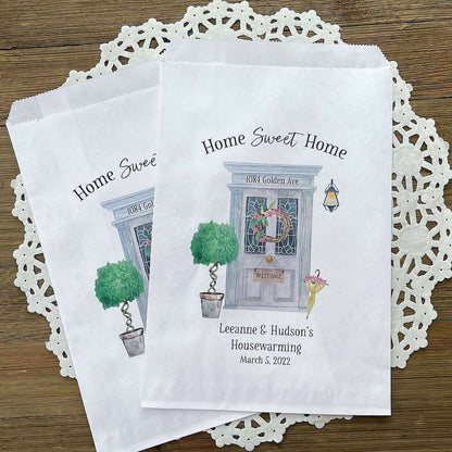 Housewarming Favor Bags personalized with new address and name of homeowners.  Home sweet home printed above the door, fill with candy, cookies, treats or use for utensil bags.