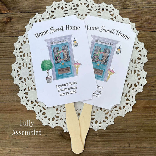 Our personalized housewarming favor fans are perfect for that summer party.  Printed on white cardstock and adorned with a beautiful front door these are sure to be a hit.  A great keepsake for guests to take home.