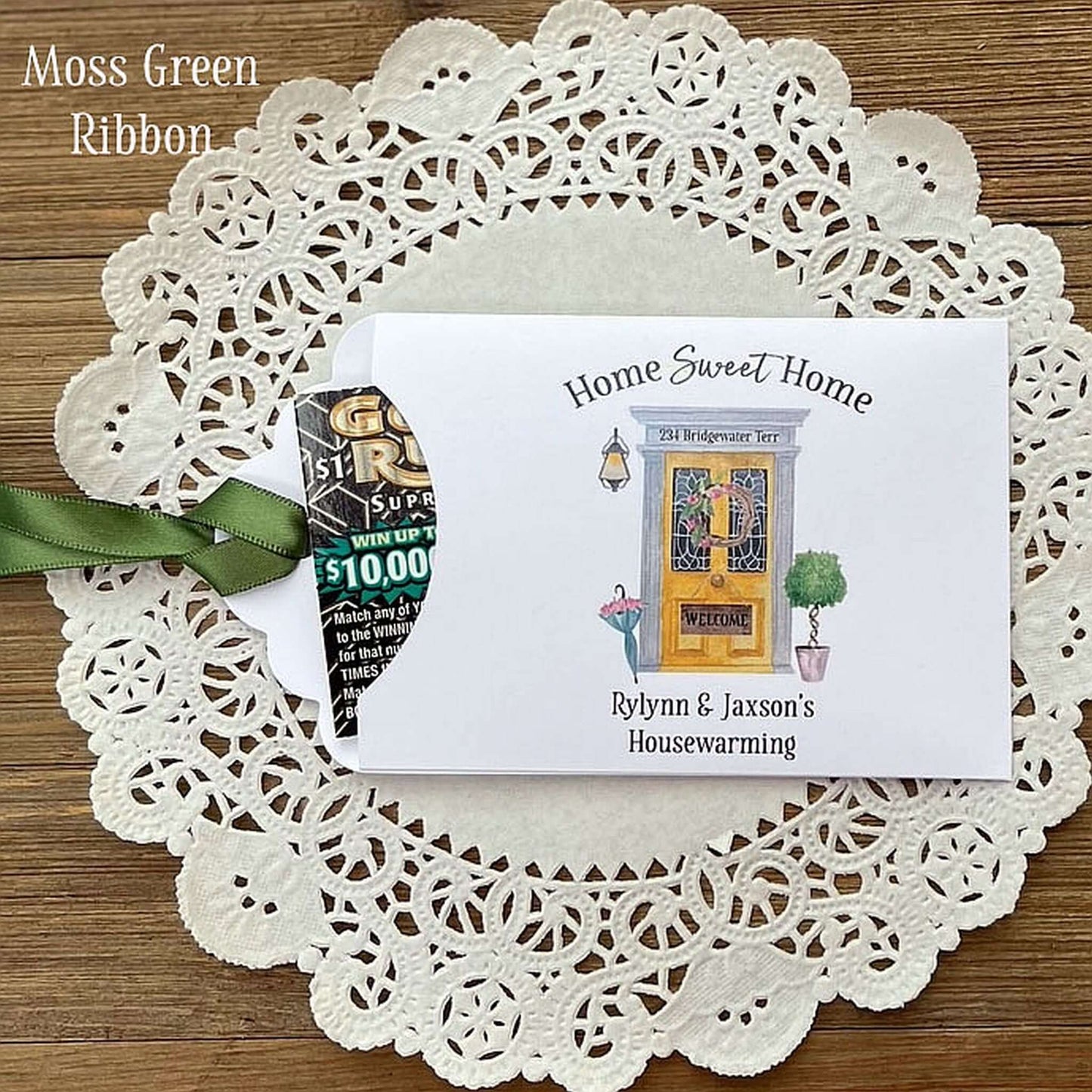 Personalized Housewarming Party Favors for your event.  Printed on white card stock with choice of ribbon color.  Slide a lotto ticket in and see who wins.  Home sweet home party favors.