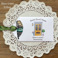 Housewarming favors personalized for your event.  Printed on white card stock with choice of ribbon color.  Slide a lotto ticket in and see who wins.  Home sweet home party favors.