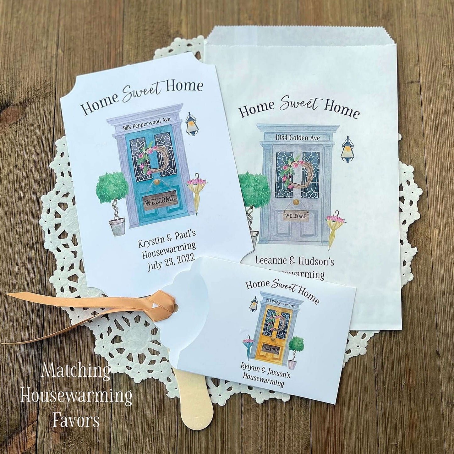 Housewarming Favor Bags personalized with new address and name of homeowners.  Home sweet home printed above the door, fill with candy, cookies, treats or use for utensil bags.