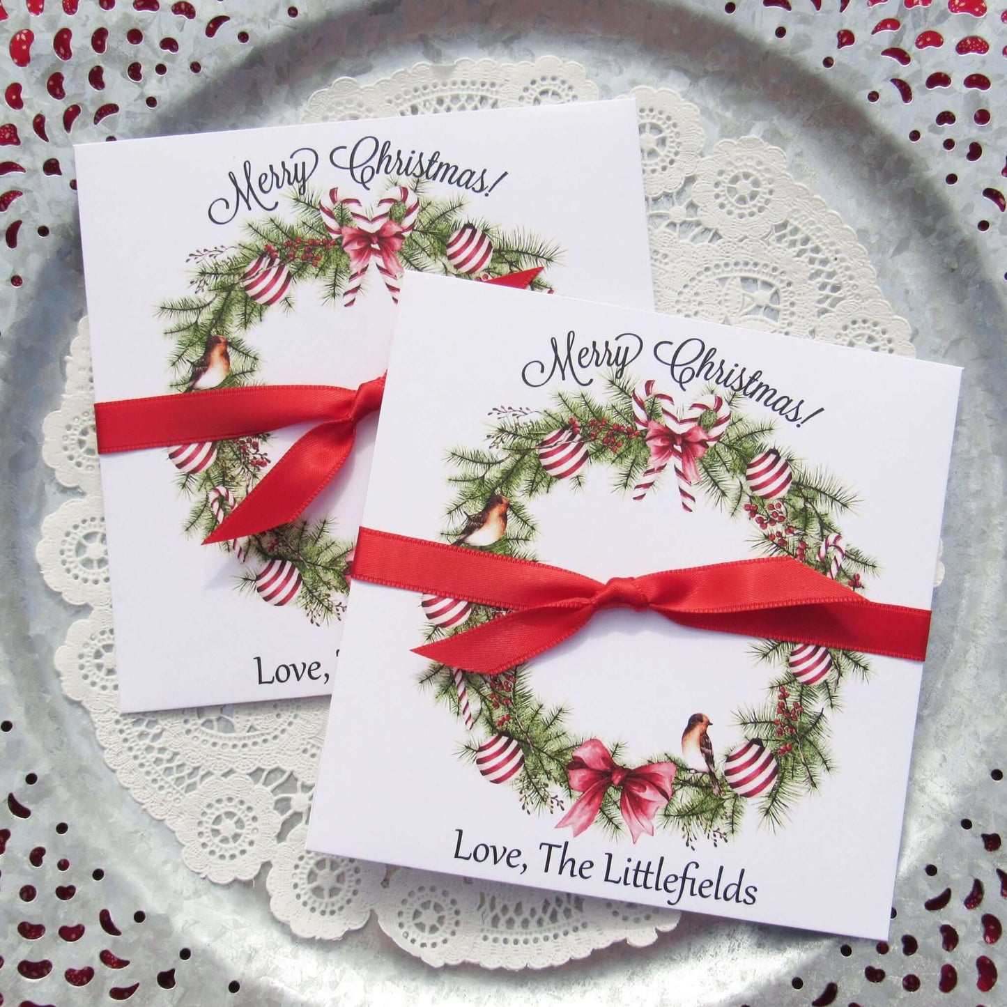 Christmas Gift Card Holders or Holiday Party Favors, adorned with a beautiful holiday wreath these are also perfect to slide a lottery ticket in for a coworker, neighbor or friend.  