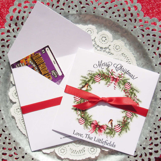 Christmas Gift Card Holders or Holiday Party Favors, adorned with a beautiful holiday wreath these are also perfect to slide a lottery ticket in for a coworker, neighbor or friend.  