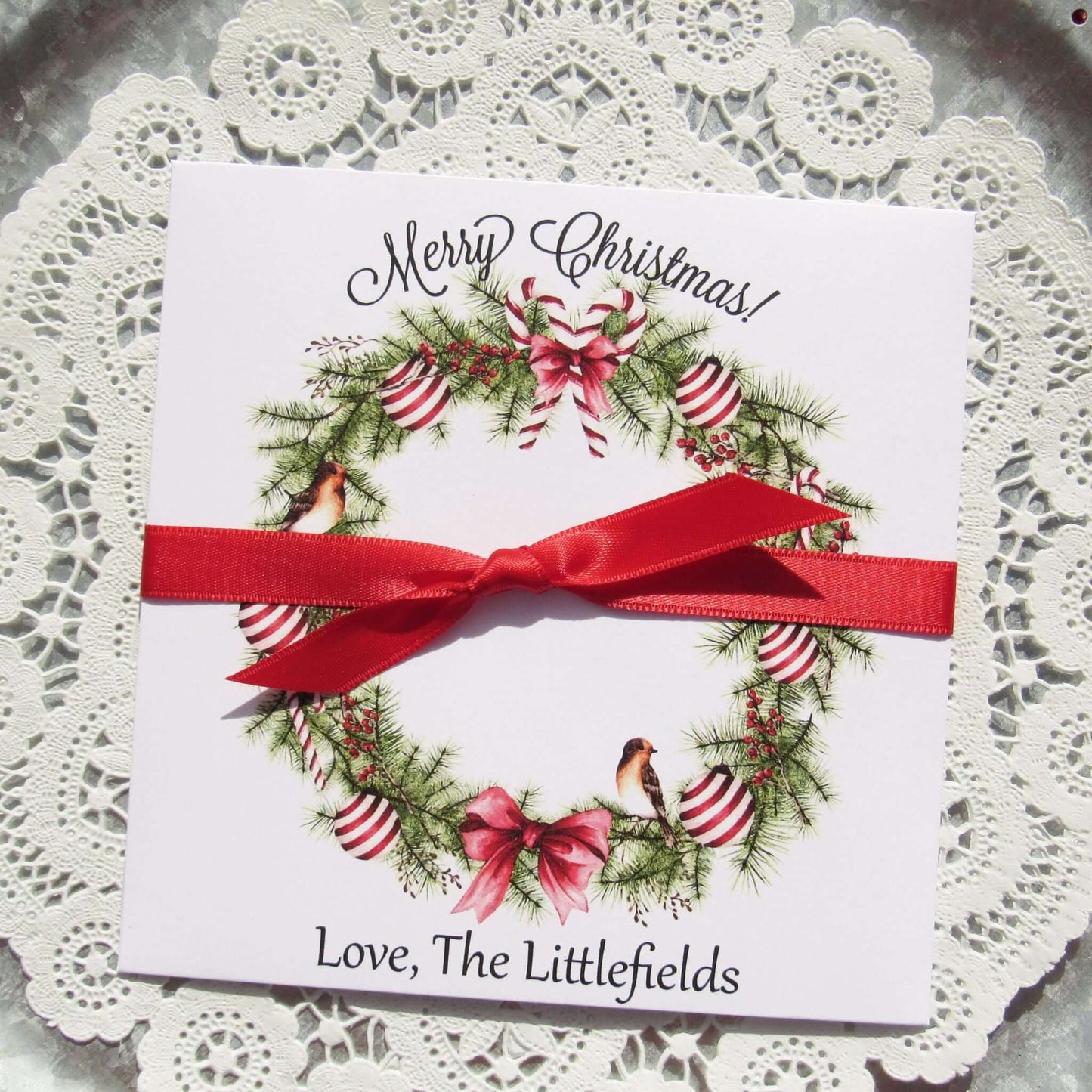 Christmas Gift Card Holders or Holiday Party Favors, adorned with a beautiful holiday wreath these are also perfect to slide a lottery ticket in for a coworker, neighbor or friend.  