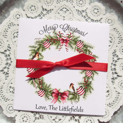 Christmas Gift Card Holders or Holiday Party Favors, adorned with a beautiful holiday wreath these are also perfect to slide a lottery ticket in for a coworker, neighbor or friend.  