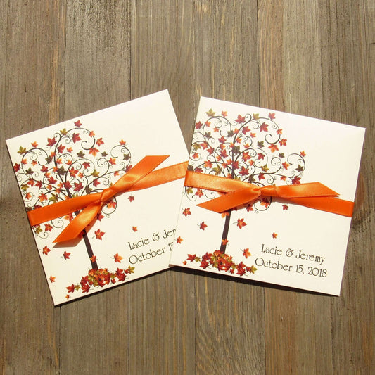 Fall Wedding Favors Personalized printed on ivory card stock, adorned with a fall tree.  Each envelope is personalized for the happy couple.  Slide a scratch off lotto ticket in for a fun wedding favor.