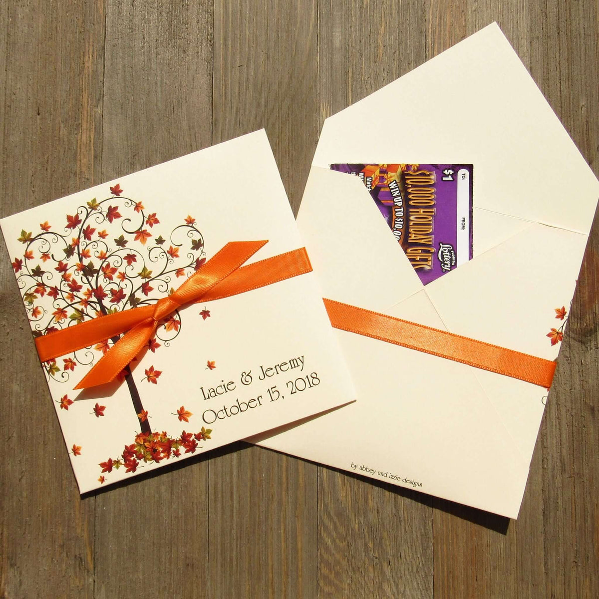 Fall Wedding Favors Personalized printed on ivory card stock, adorned with a fall tree.  Each envelope is personalized for the happy couple.  Slide a scratch off lotto ticket in for a fun wedding favor.