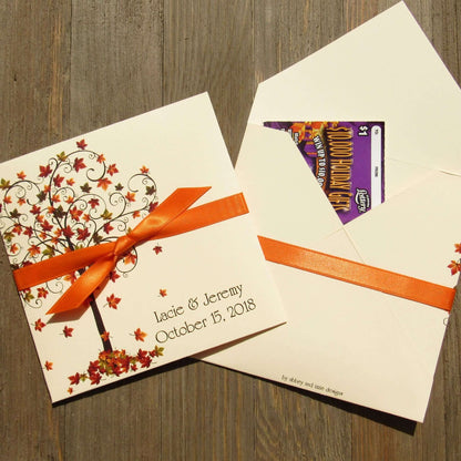 Fall Wedding Favors Personalized printed on ivory card stock, adorned with a fall tree.  Each envelope is personalized for the happy couple.  Slide a scratch off lotto ticket in for a fun wedding favor.