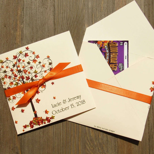 Fall Wedding Favors Personalized printed on ivory card stock, adorned with a fall tree.  Each envelope is personalized for the happy couple.  Slide a scratch off lotto ticket in for a fun wedding favor.