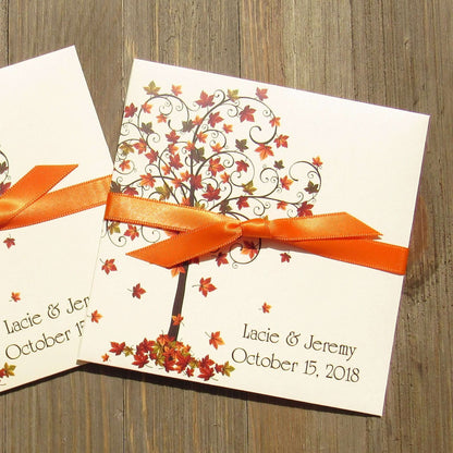 Fall Wedding Favors Personalized printed on ivory card stock, adorned with a fall tree.  Each envelope is personalized for the happy couple.  Slide a scratch off lotto ticket in for a fun wedding favor.