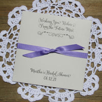 Unique Bridal Shower Favors that are personalized for the guest of honor.  Lotto ticket envelopes, your choice of envelope and ribbon color.  Wishing you riches from the future Mrs. printed at the top with the brides name and event date at the bottom.  Ribbon tied around the center for a touch of elegance.