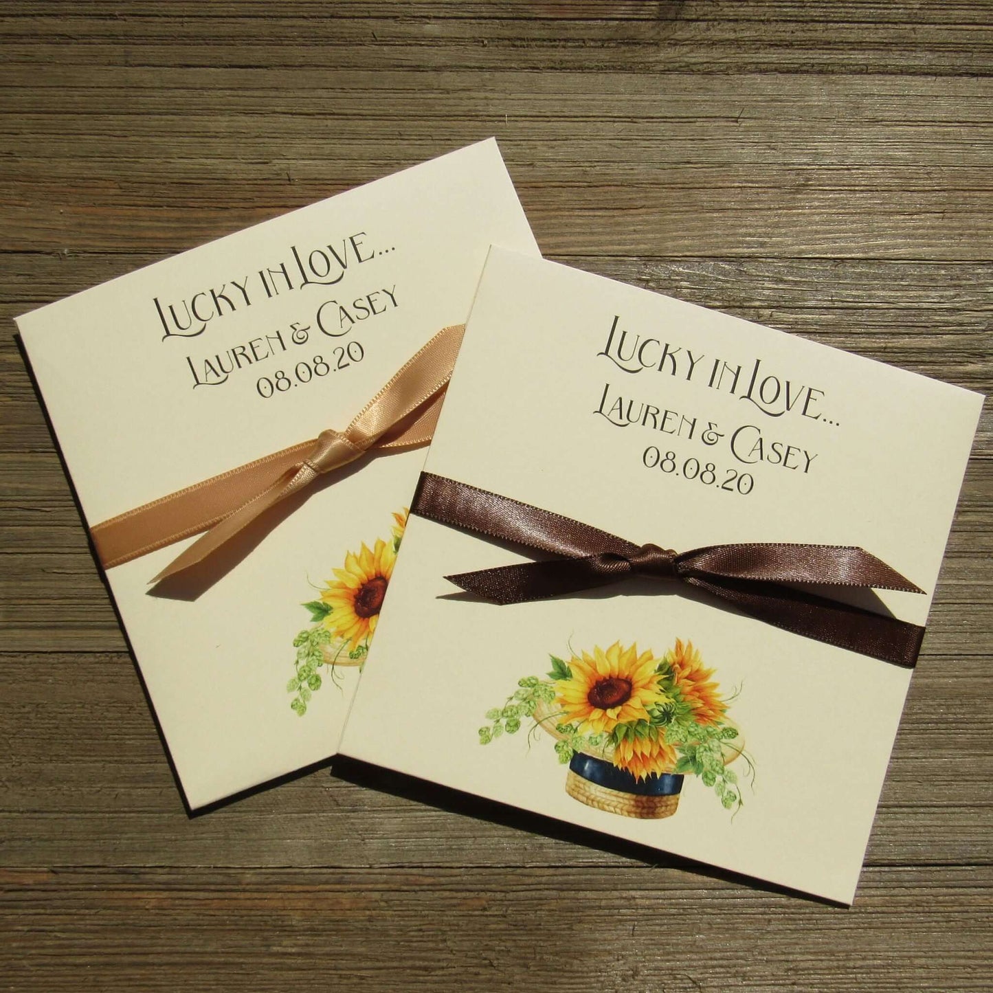 Sunflower Wedding Favors Personalized printed on ivory card stock and personalized for the bride and groom.  Choice of ribbon color which comes attached.  Add an instant lotto ticket and see who wins big.  
