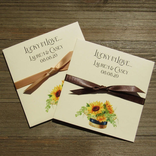 Sunflower Wedding Favors Personalized printed on ivory card stock and personalized for the bride and groom.  Choice of ribbon color which comes attached.  Add an instant lotto ticket and see who wins big.  