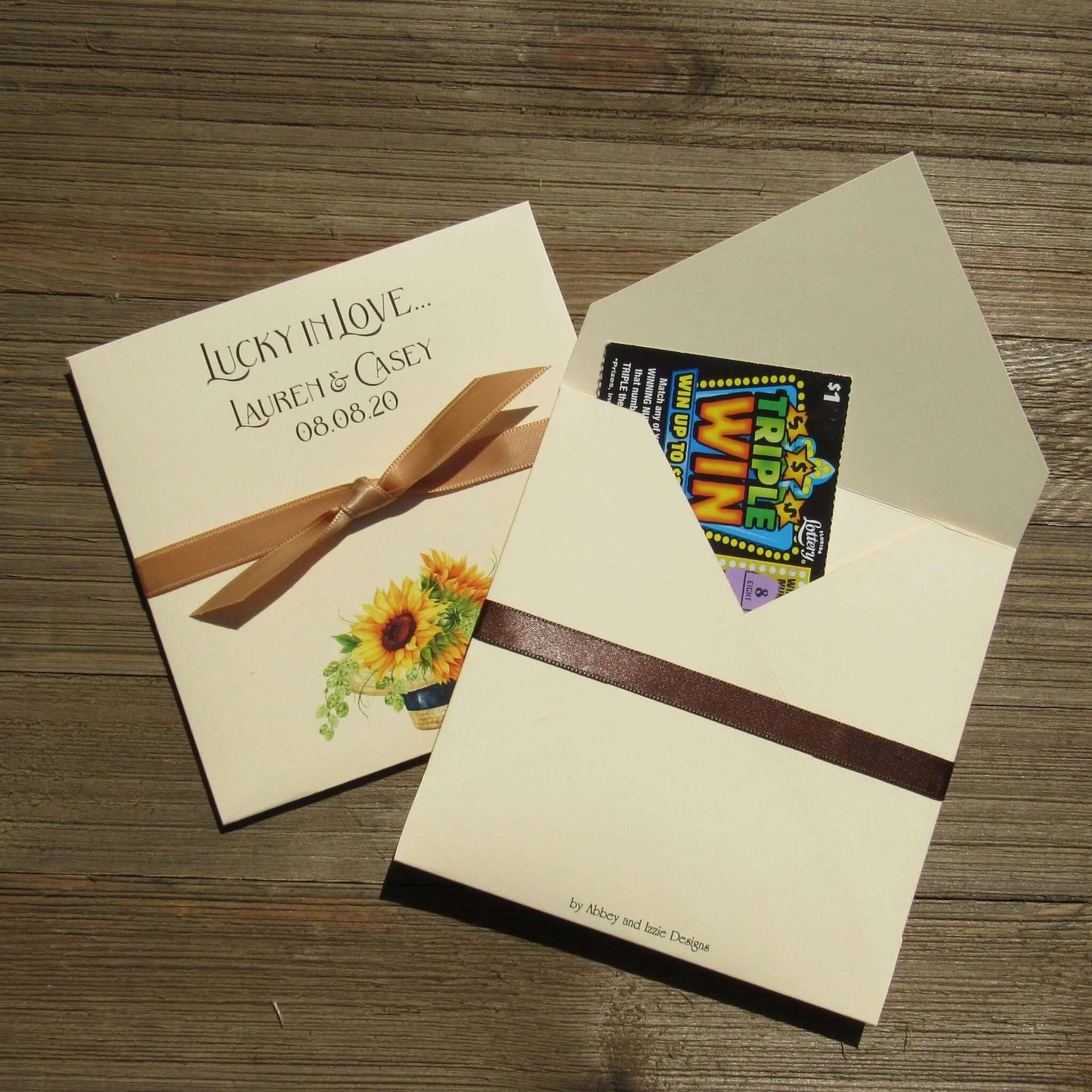 Sunflower Wedding Favors Personalized printed on ivory card stock and personalized for the bride and groom.  Choice of ribbon color which comes attached.  Add an instant lotto ticket and see who wins big.  