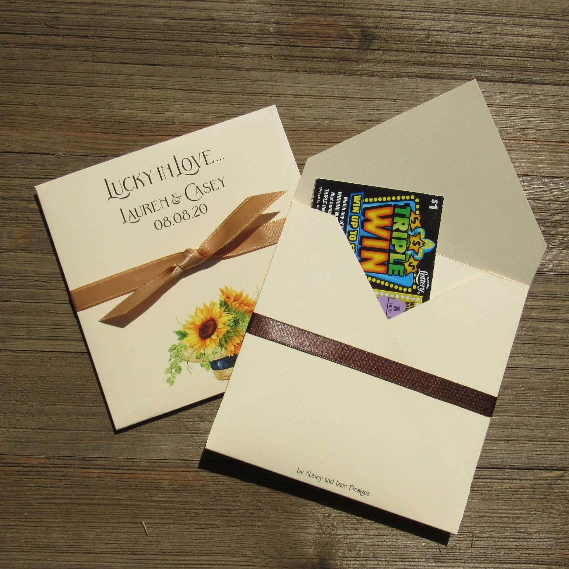 Sunflower Wedding Favors Personalized printed on ivory card stock and personalized for the bride and groom.  Choice of ribbon color which comes attached.  Add an instant lotto ticket and see who wins big.  